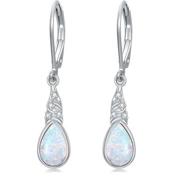 Teardrop Sterling Silver Opal with Genuine Diamond Earrings